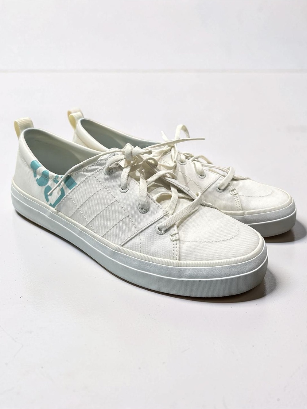 Sperry Women's White Canvas Lace-Up Sneakers with Aqua Logo